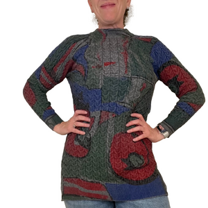 Women’s Crewneck Cable Knit Sweater in Green Multi